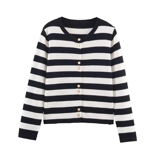 Black And White Striped Knitted Cardigan For Women