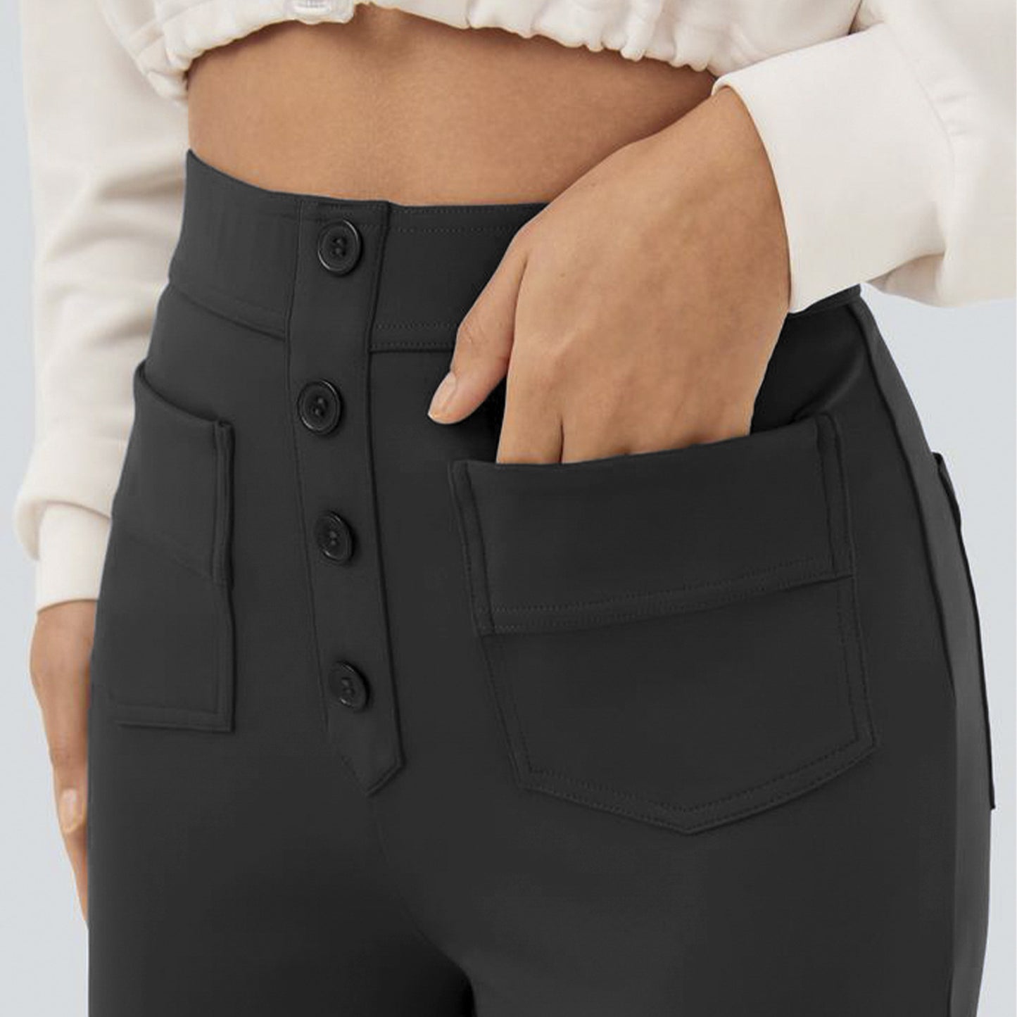 Fleece-lined Women's Pocket Brushed Outer Wear Stretch Commuter Straight Casual Pants