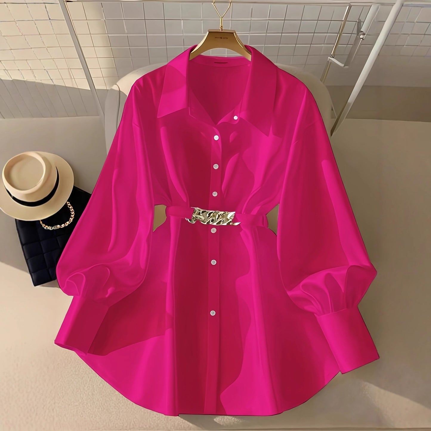 Gentle Pink Loose Lantern Sleeve Shirt Women's Metal Chain Waist Seal Top