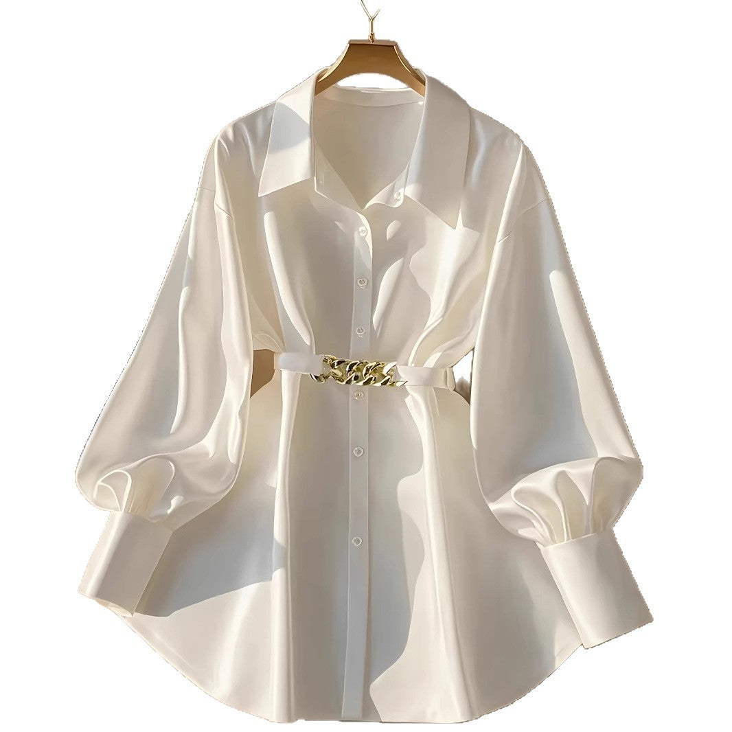 Gentle Pink Loose Lantern Sleeve Shirt Women's Metal Chain Waist Seal Top