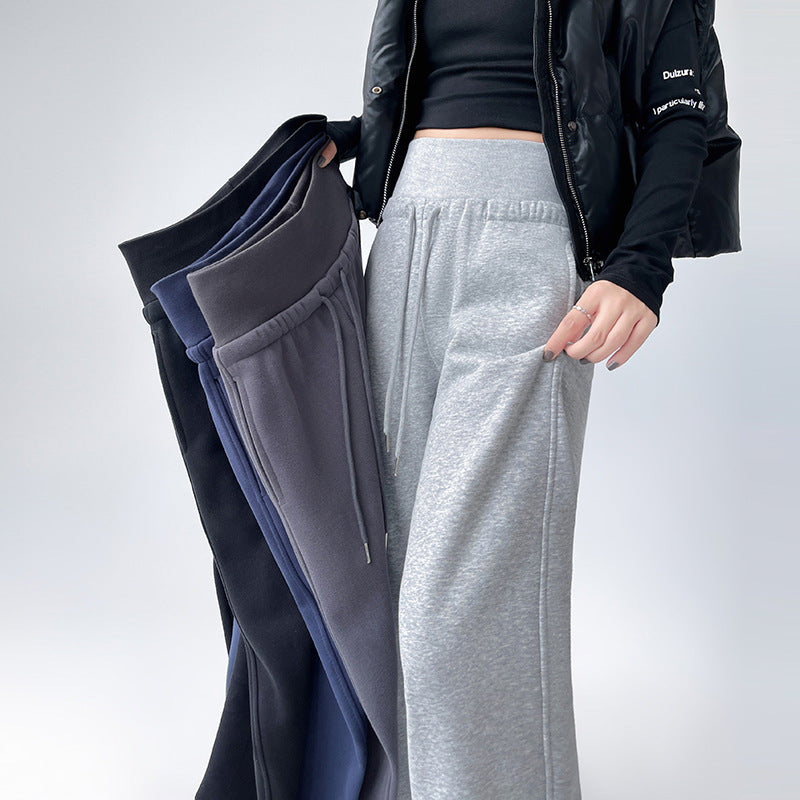 Fleece-lined Thick Loose Casual High Waist Drooping Straight Sports Trousers