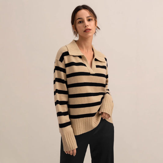 Contrast Color Loose Knitted Polo Collar Sweater