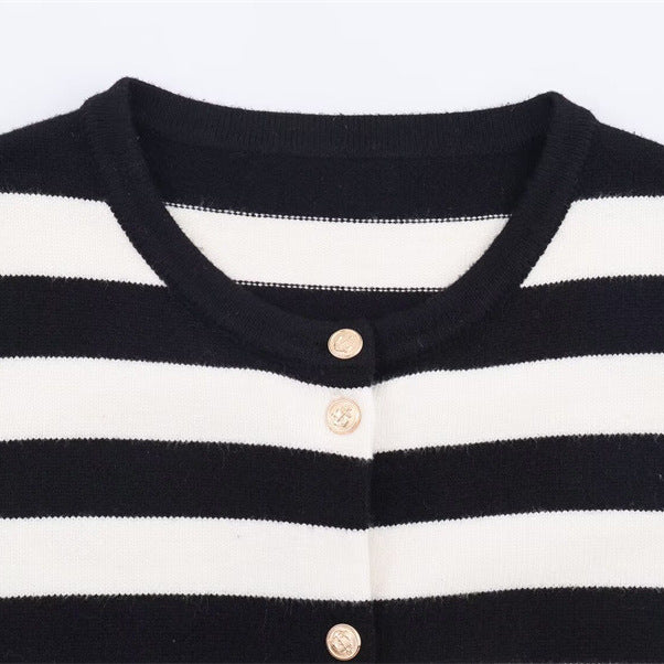 Black And White Striped Knitted Cardigan For Women