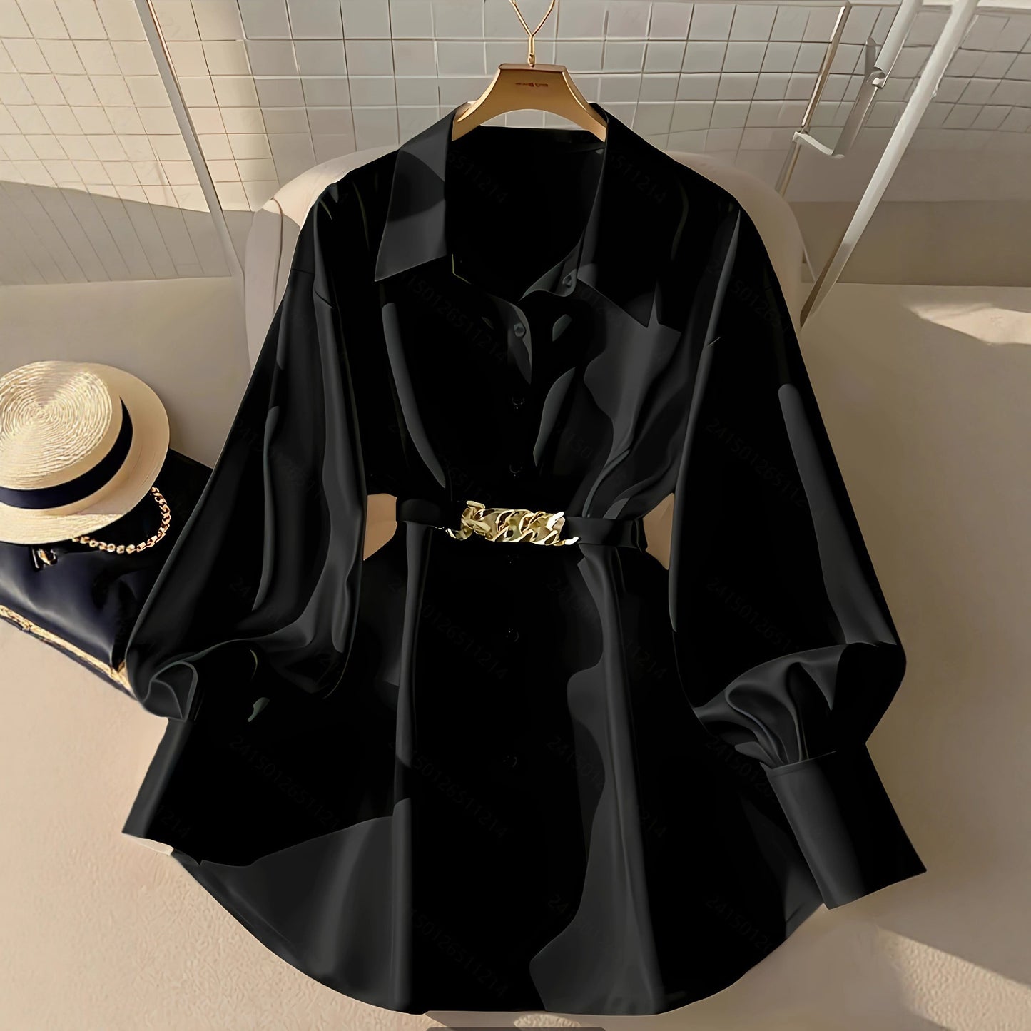 Gentle Pink Loose Lantern Sleeve Shirt Women's Metal Chain Waist Seal Top