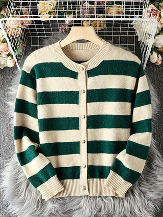 Women's Black And White Striped Knitted Cardigan Loose And Lazy Style High-grade Outer Wear Thick Sweater