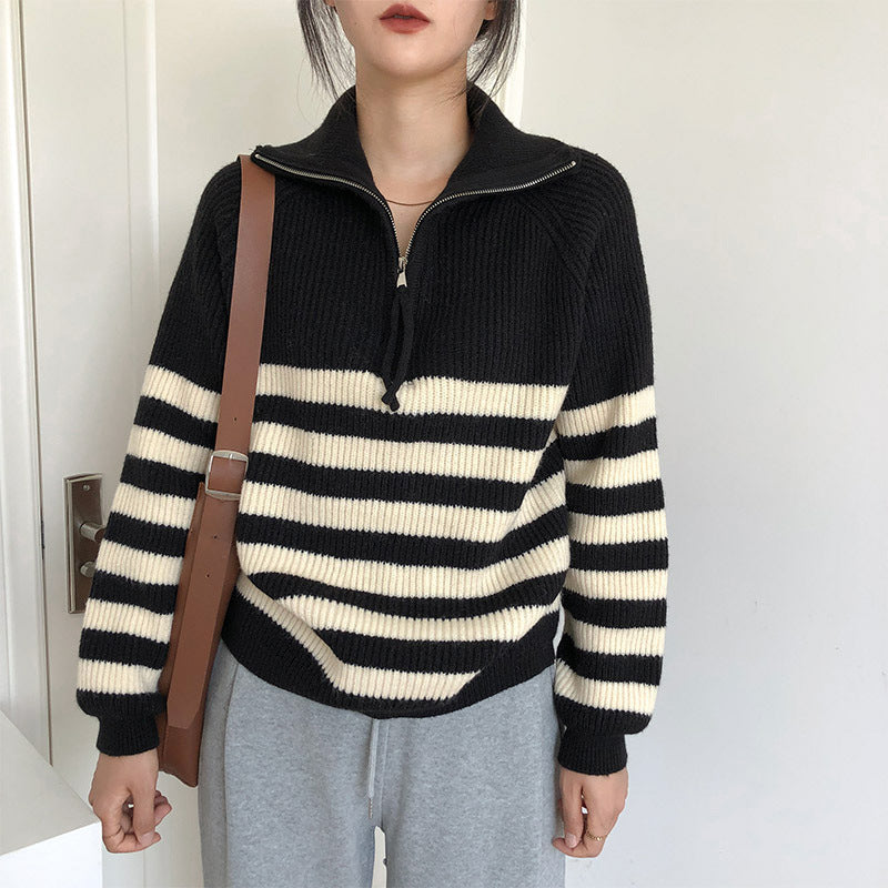 Women's Zipper Striped Sweater Japanese Soft Glutinous Idle Style